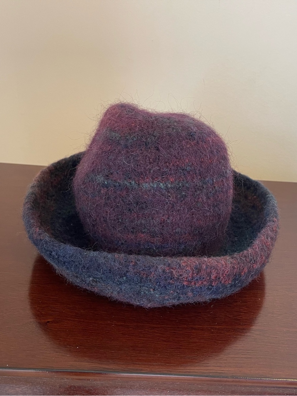 100% Wool Handmade Artisan Bowler Hat in Deep Plum with Blue Shades